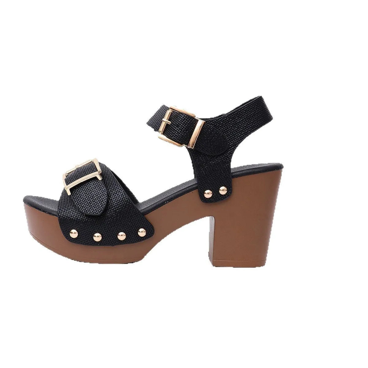 Plus size women's high heel sandals with thick block heel and buckle fastening in fish mouth toe style