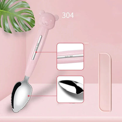 Stainless steel fruit spoon with sawtooth edge and dual-headed design for easily scooping grapefruit and desserts