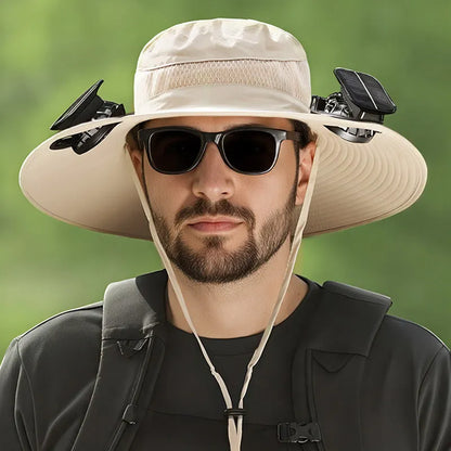 Man wearing a solar-powered fisherman hat with built-in fan for outdoor fishing or hiking