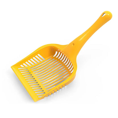 Red, yellow, and blue plastic cat litter scoops shown in small and medium sizes.