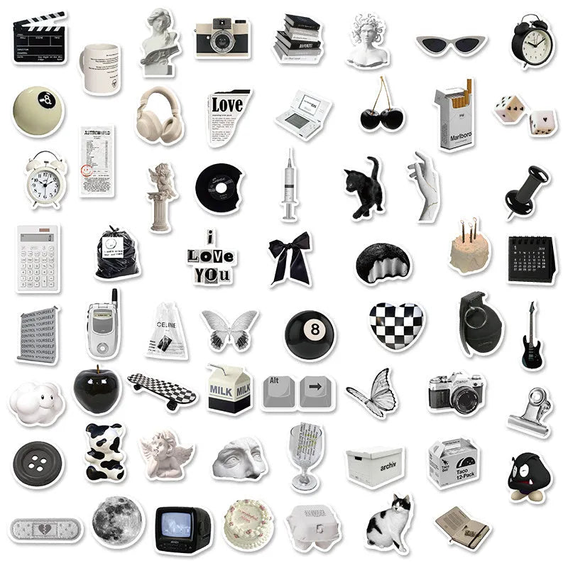 Black and white PVC sticker collection with 61 pieces for laptop and device customisation and protection