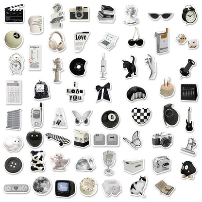 Black and white PVC sticker collection with 61 pieces for laptop and device customisation and protection