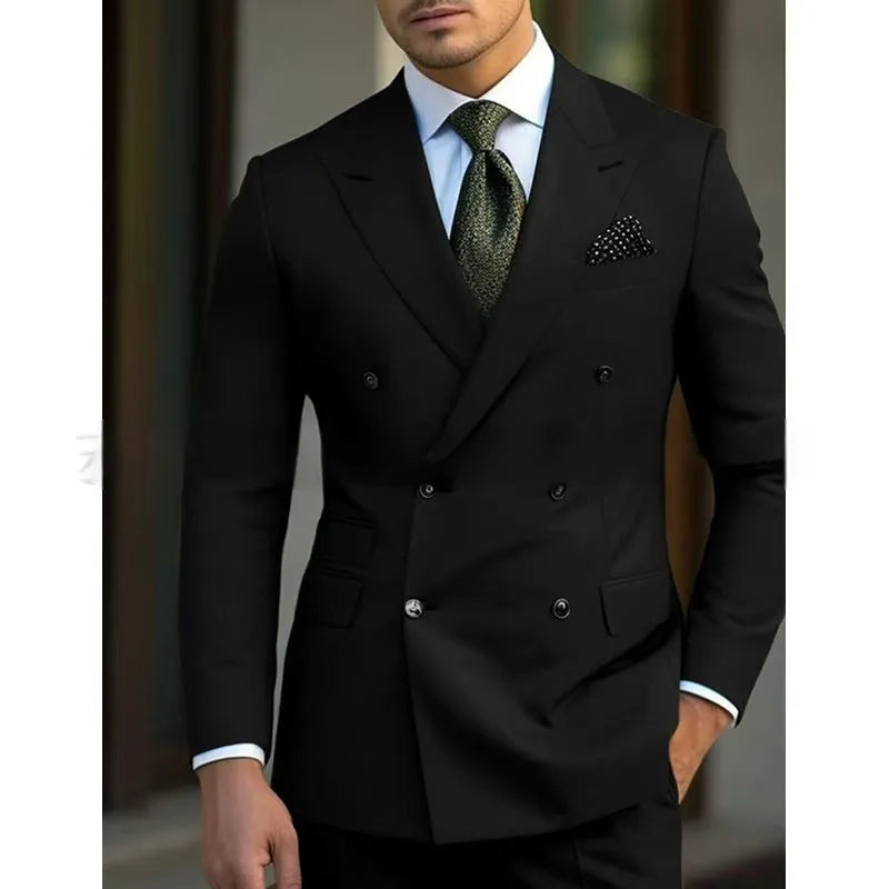 Men's light business suit set comprising a coat and trousers in a cotton blend fabric.