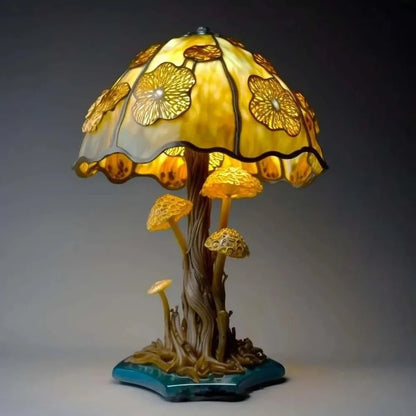 Coloured glass desk lamp with mushroom theme, 15-20cm height, plastic base