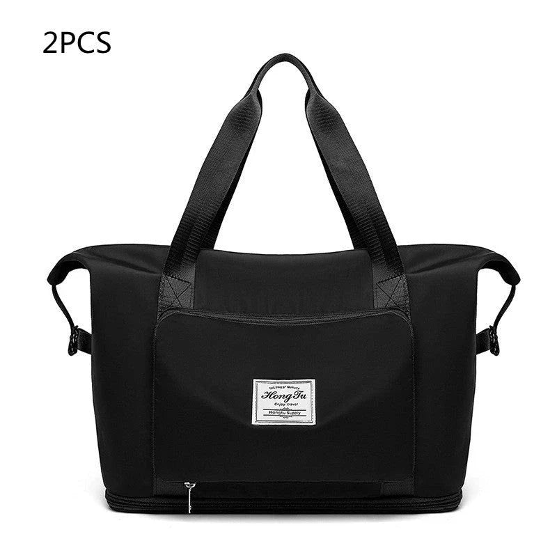 Roomy and foldable gym bag for women with waterproof Oxford fabric, multiple pockets, and wet/dry separation compartment