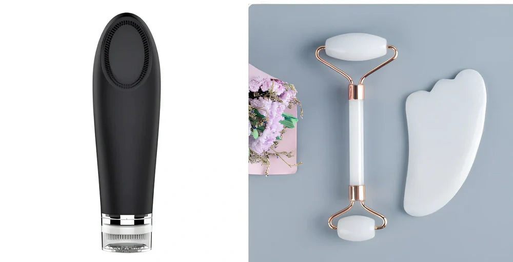 White jade facial roller with dual heads and matching scraping board for traditional Chinese massage therapy