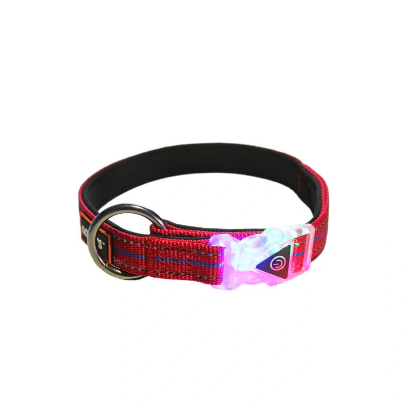 Nylon LED luminous pet collar leash in red, blue, and black with adjustable light modes