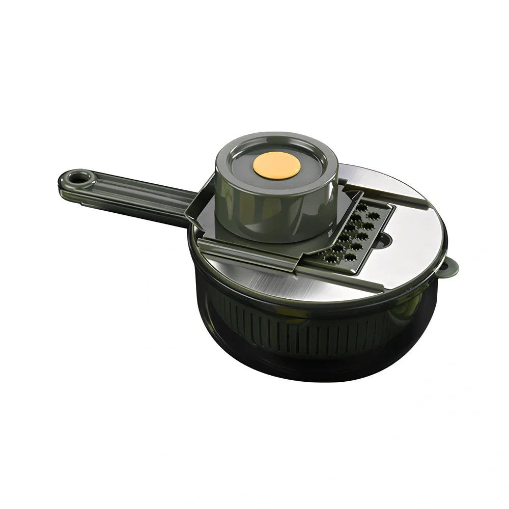 Grey and green vegetable slicer with five stainless steel blades and protective gauntlet
