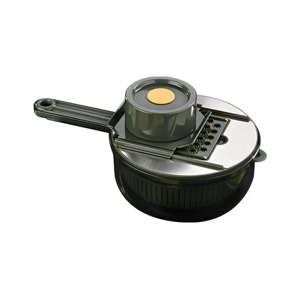 Grey and green vegetable slicer with five stainless steel blades and protective gauntlet
