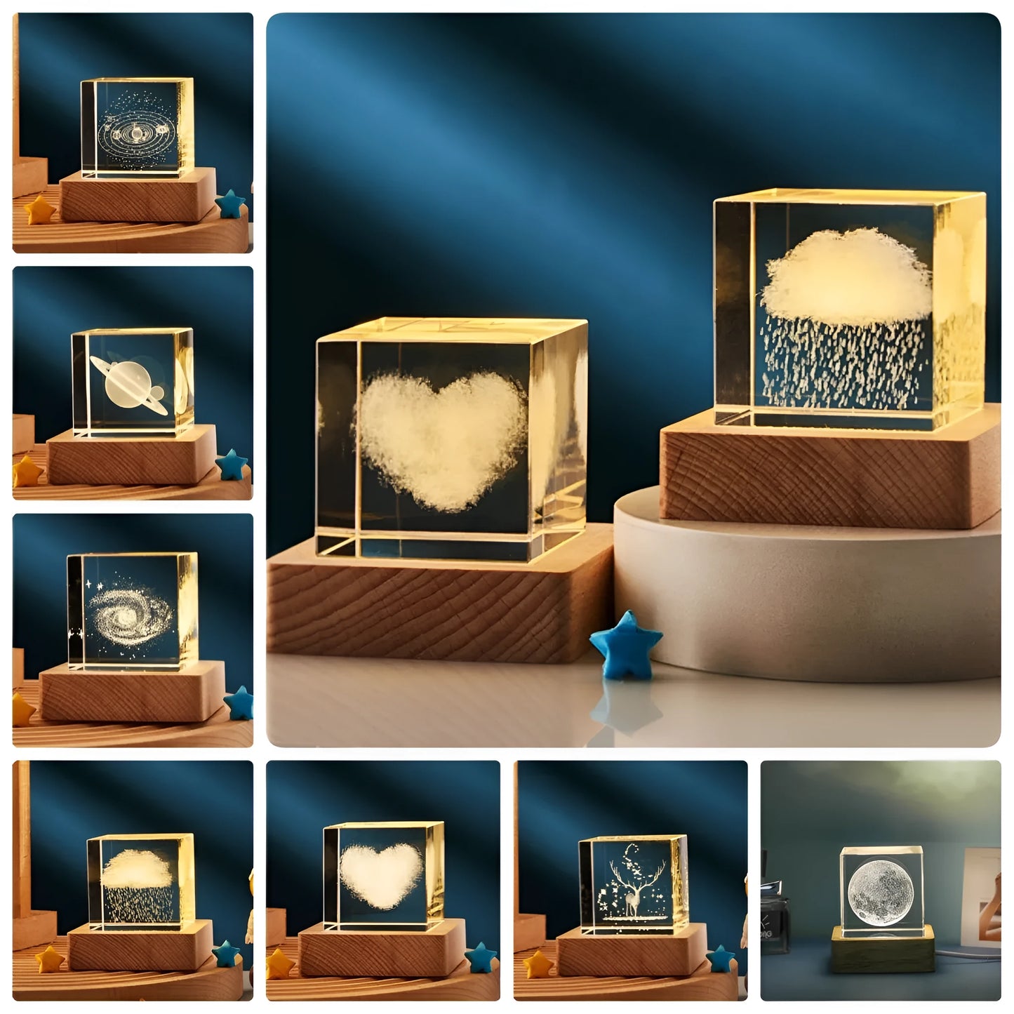 3D crystal cube night lamp showing transparent glass with internal engraving and warm light illumination