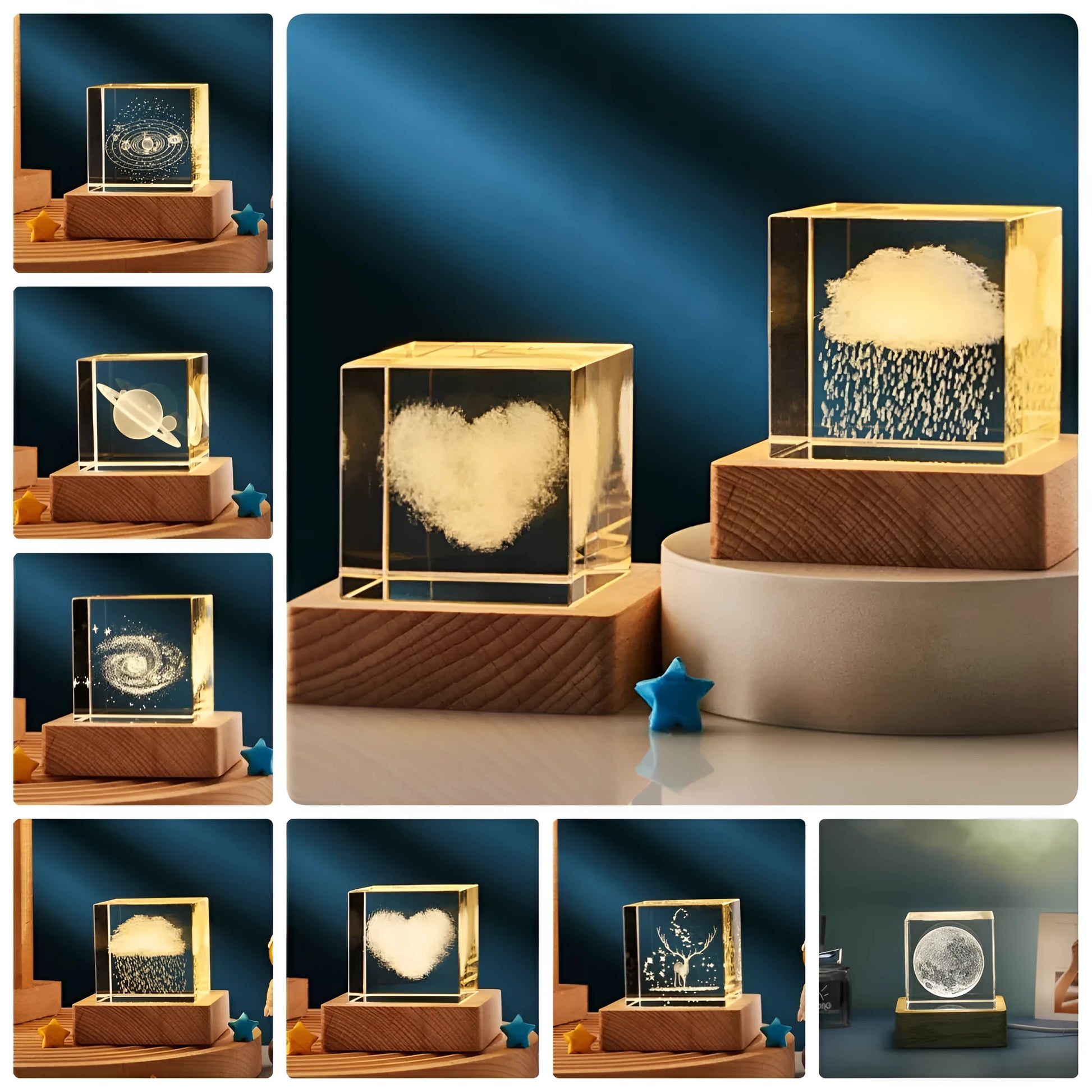 3D crystal cube night lamp showing transparent glass with internal engraving and warm light illumination