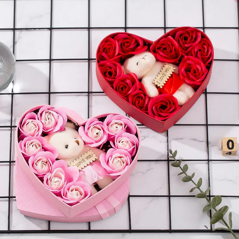 Heart-shaped rose red gift box containing soap roses for handwashing or bathing, made with natural fragrances, for Valentine's Day, Mother's Day, birthdays, anniversaries, Christmas gifts, or wedding and home decoration.