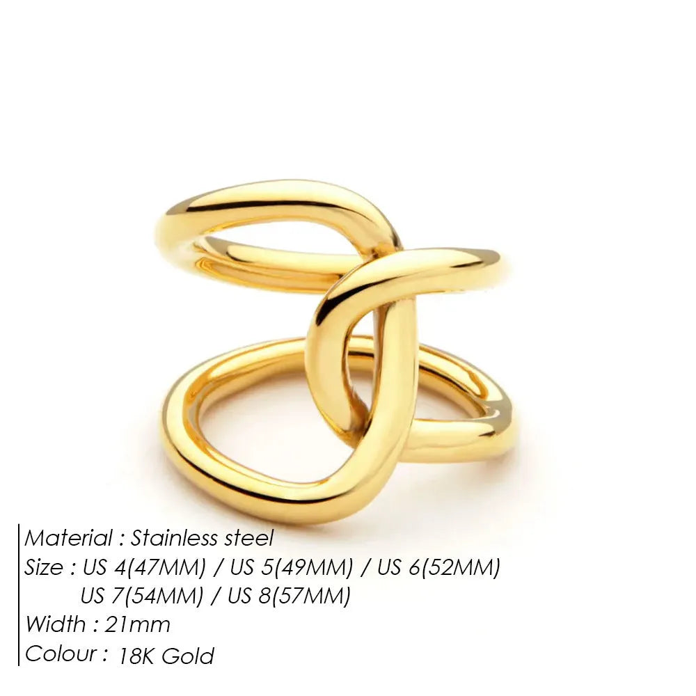 Knotted adjustable stainless steel ring for women in gold or steel colour on a grey background.