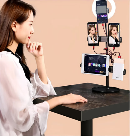 Black foldable phone and tablet stand with expansion clip and silicone grip, fits 4.7-15.6 inch devices