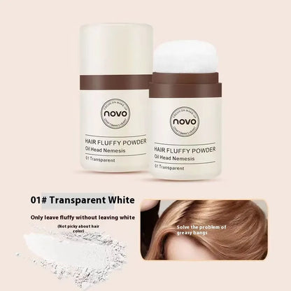 Mattifying oil control face powder container for hair bangs and hairline.