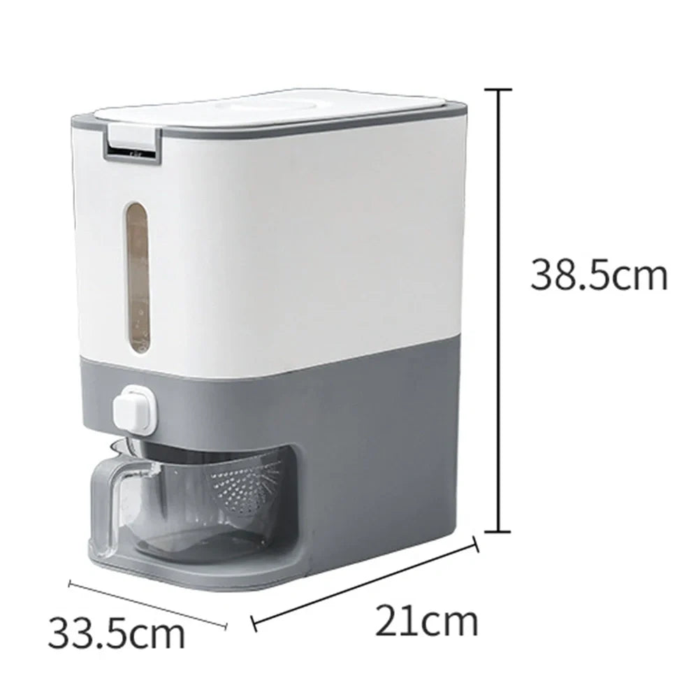 Blue automatic rice bucket with measurement scale and transparent window showing rice inside