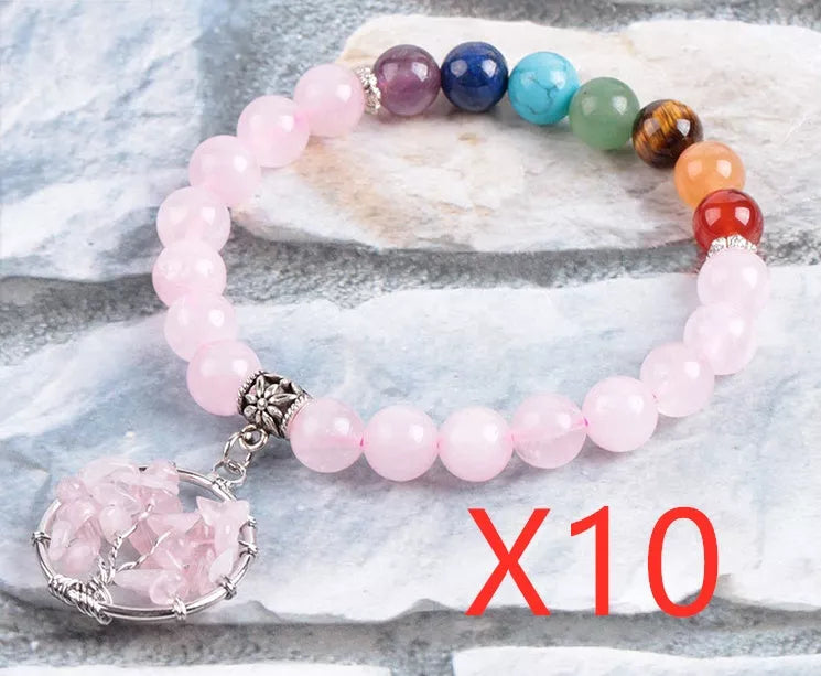 Crystal beaded bracelet with seven chakras or powder crystal options, 8mm beads, 18.8 cm length