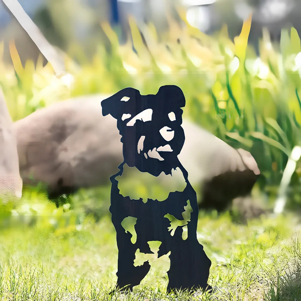 Metal dog silhouette garden decoration showing breed outline on iron background for outdoor display
