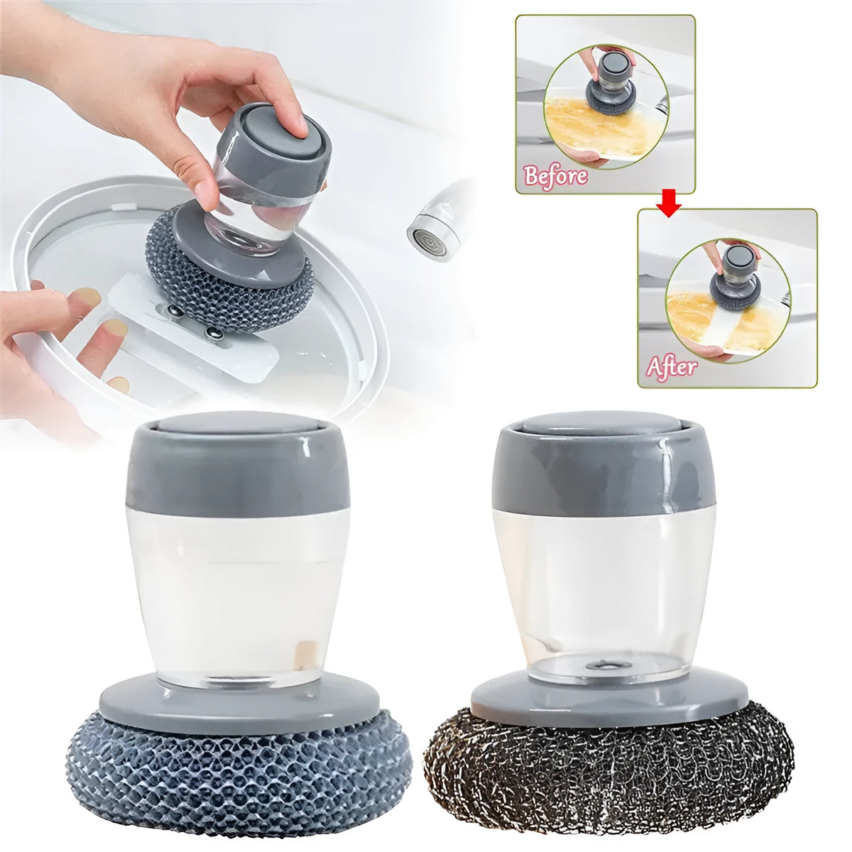 Black and gold kitchen palm brush with soap dispenser for scrubbing stoves and tiles