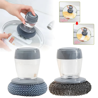 Black and gold kitchen palm brush with soap dispenser for scrubbing stoves and tiles