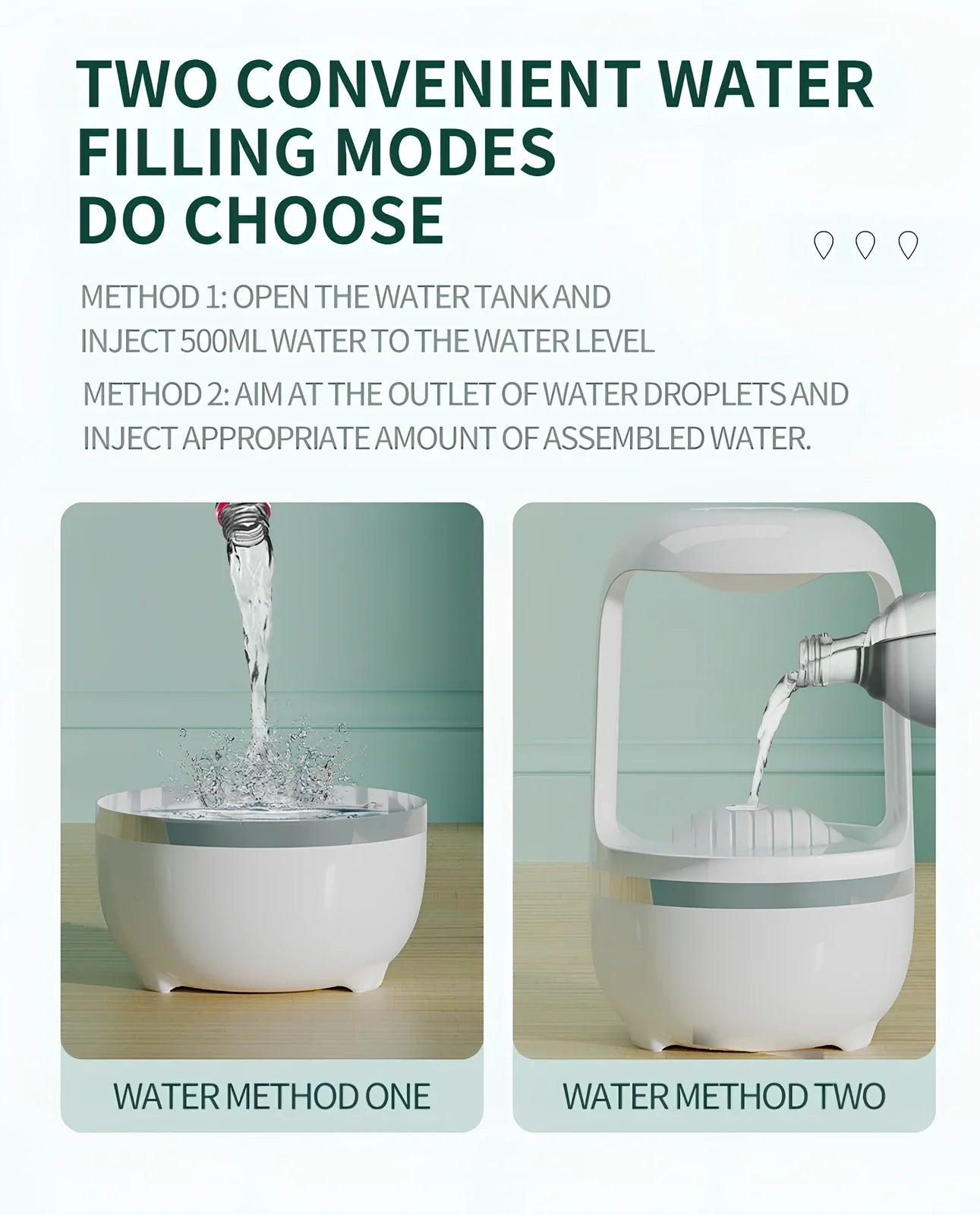 White anti-gravity humidifier showing upward water droplets with 500ml tank and USB-C cable