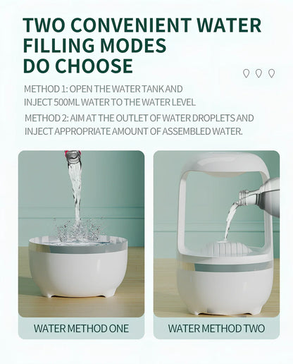 White anti-gravity humidifier showing upward water droplets with 500ml tank and USB-C cable