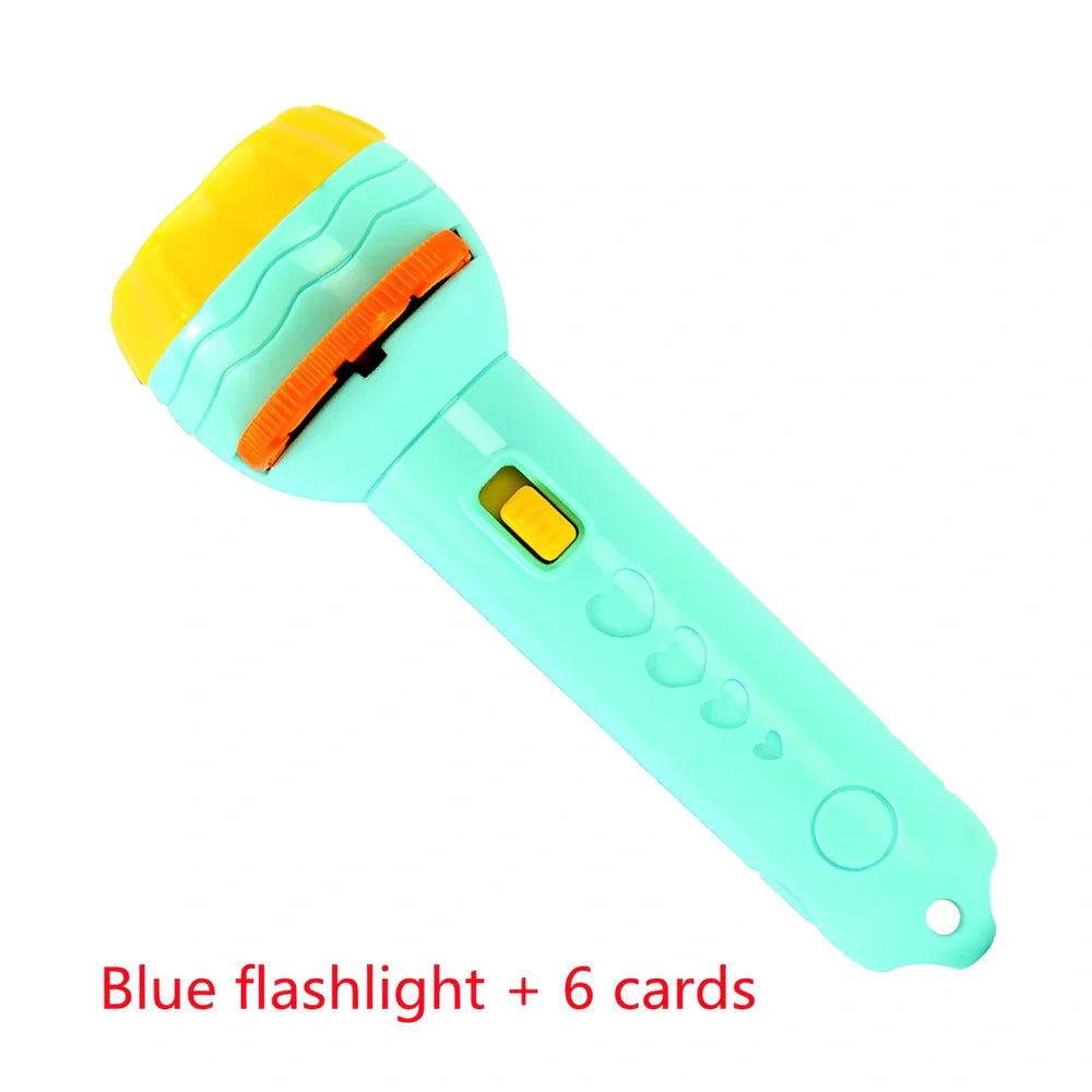 Red plastic cartoon projection flashlight showing rotating lens for 80 pattern changes