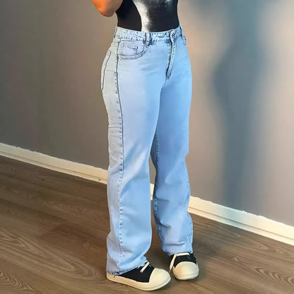 Light blue cotton denim straight leg jeans for women with mid waist and non-ironing finish, sizes XS to XL