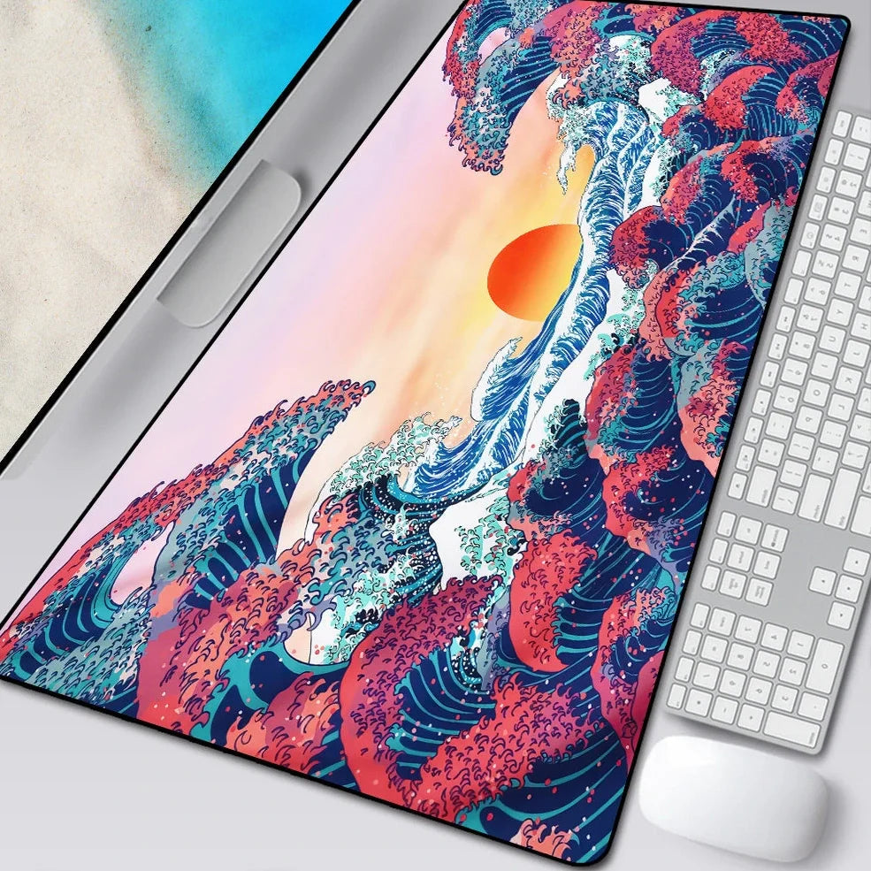 Natural rubber computer mouse pad with printed cloth surface and overlock stitching in multiple size options