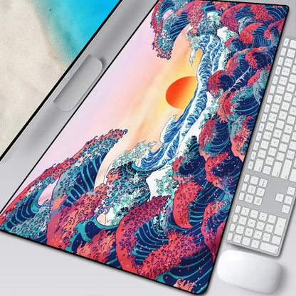 Natural rubber computer mouse pad with printed cloth surface and overlock stitching in multiple size options