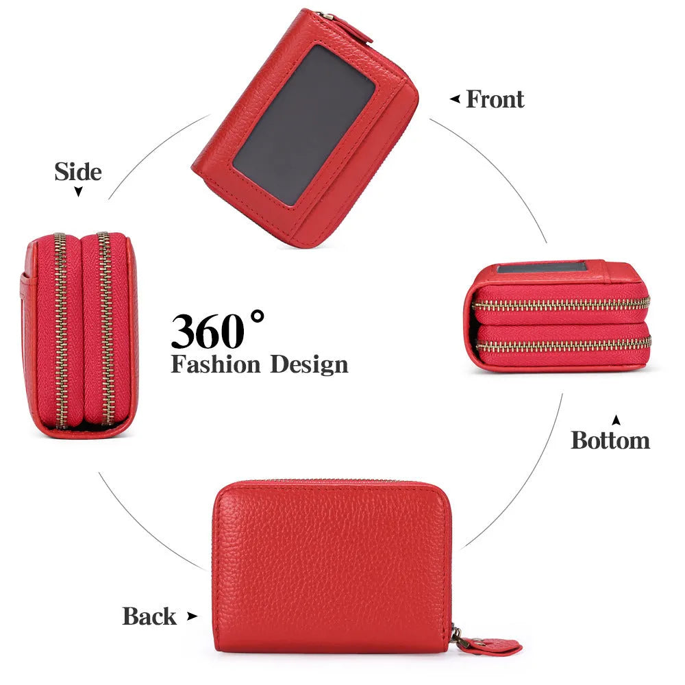 Genuine cowhide leather expanding card holder wallet with zipper closure in multiple colour options