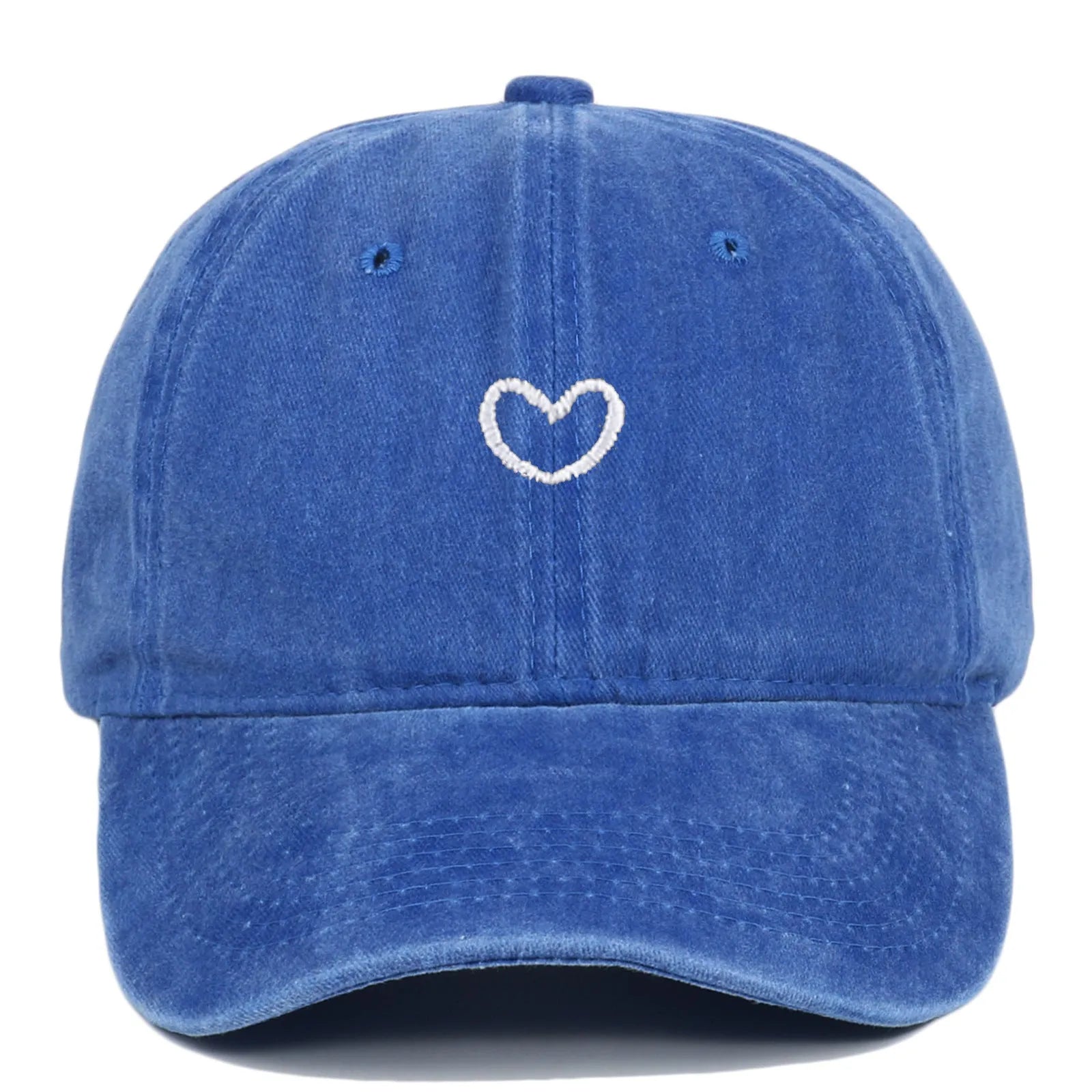Adjustable cotton baseball cap with embroidered retro love design in various colours.