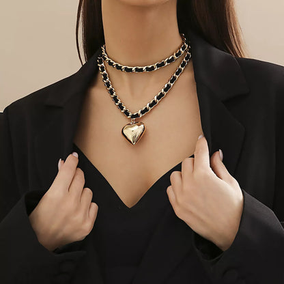 Double-layer chains heart pendant necklace in gold and white, street punk style fashion jewelry
