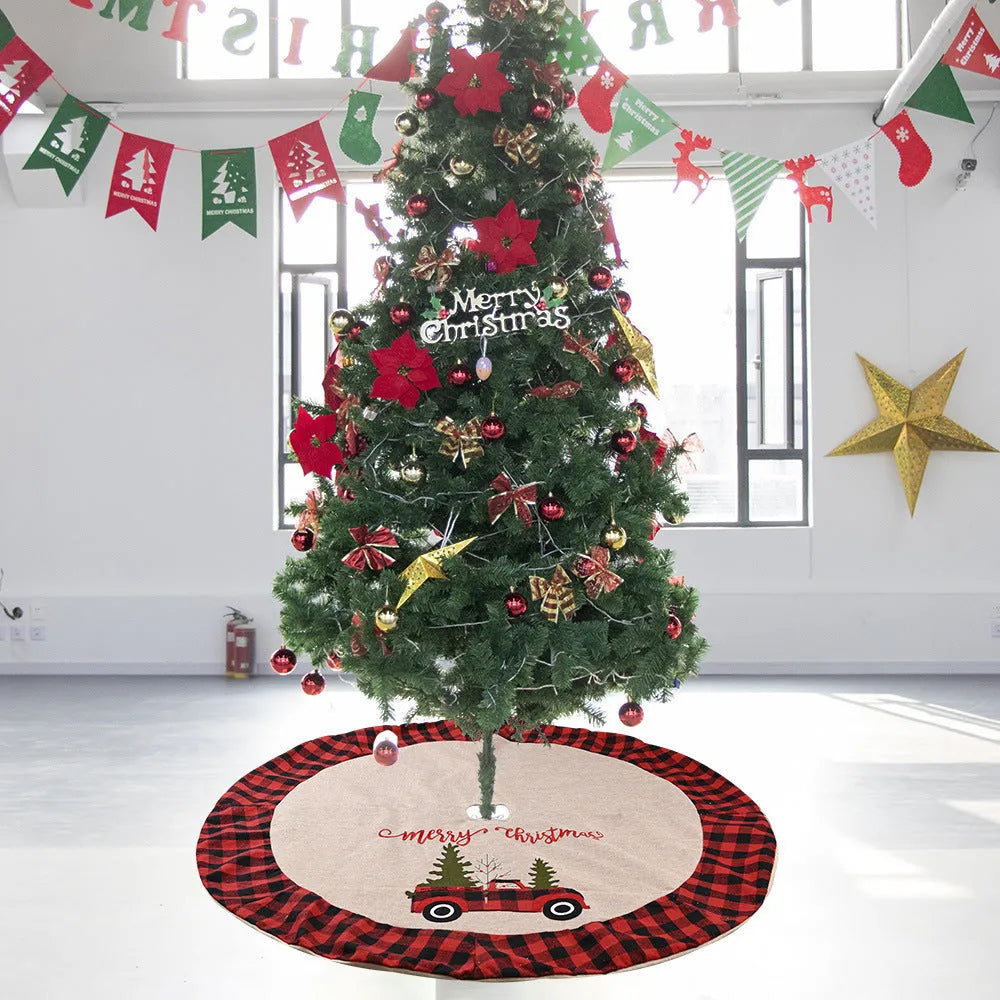 120cm circular car Christmas tree skirt in imitation linen cloth with mechanically sewn edges