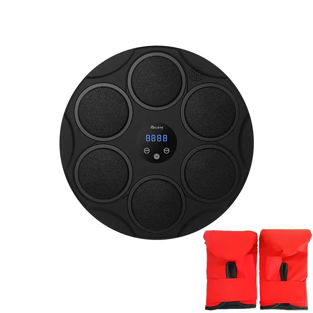 Black smart Bluetooth boxing target with coloured LED lights hanging on wall