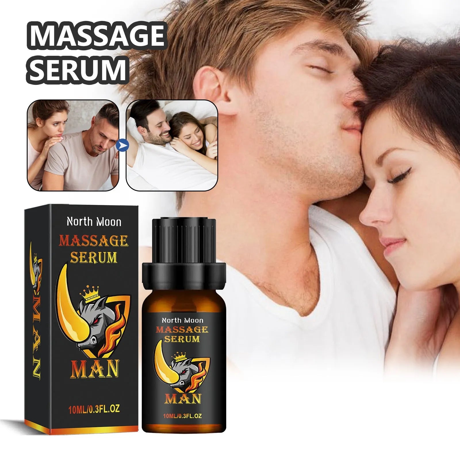 10 ml bottle of men's massage essential oil with ginger root oil and jojoba oil.