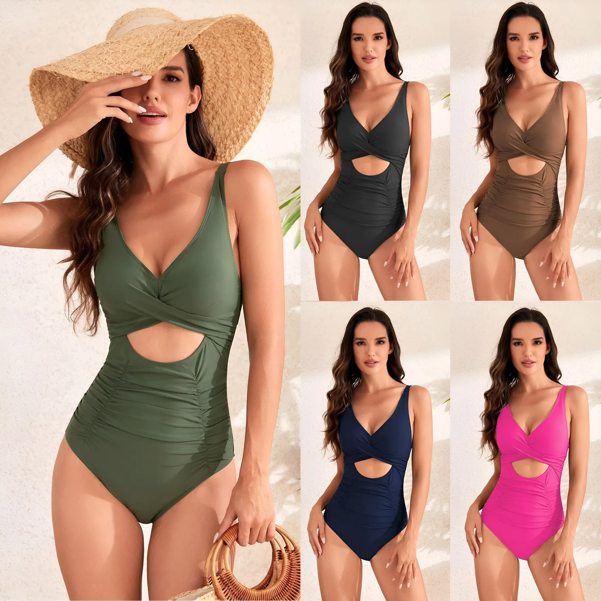 Solid colour high-waist one-piece swimsuit with cross pack pleating detail on the front.