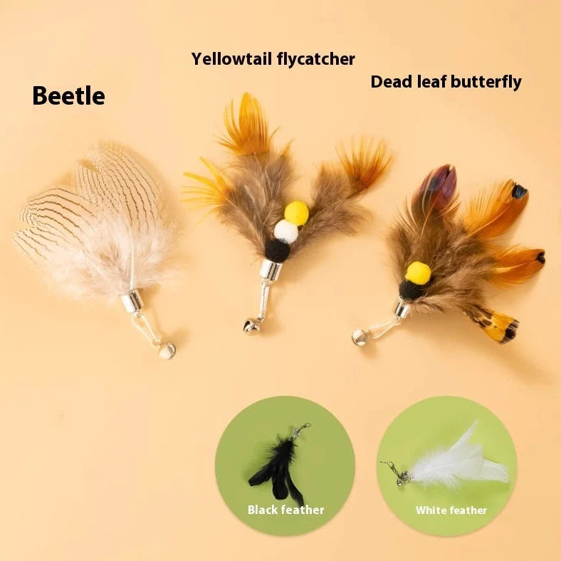 Three steel wire cat toy replacement heads with small flying insect designs in varied colours