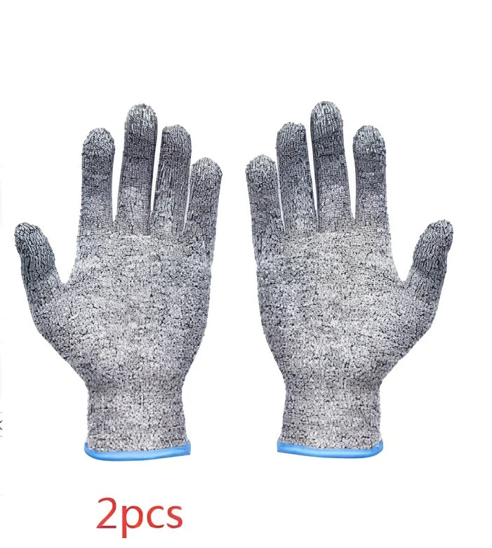 Grey cut-resistant gloves with stainless steel wire construction and adjustable belt closure
