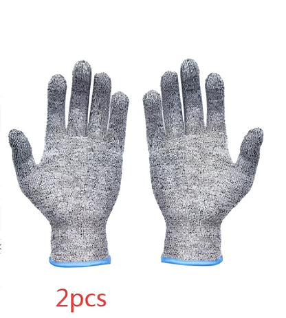 Grey cut-resistant gloves with stainless steel wire construction and adjustable belt closure