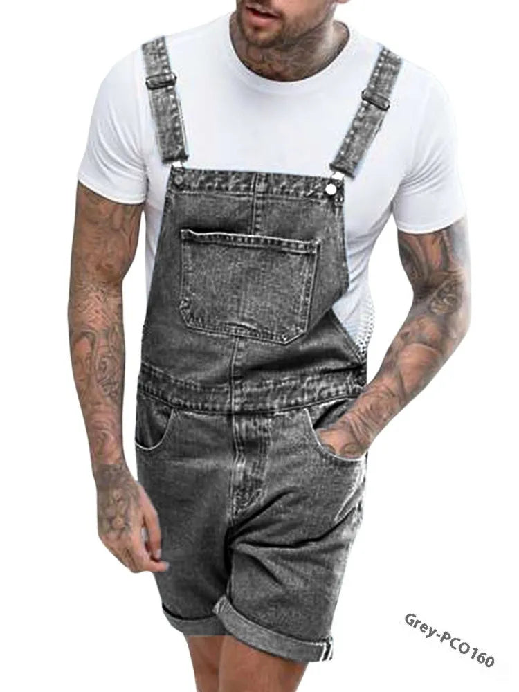 Black denim suspender shorts for men on a hanger, showing mid-waist and shorts length.