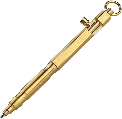 Brass tactical pen with hexagonal bolt design showing natural brass colour option