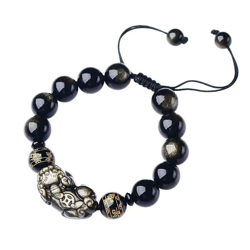 Hand-woven golden obsidian Pi Xiu bracelet with animal design, showing bead size options.