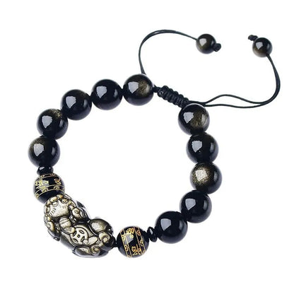 Hand-woven golden obsidian Pi Xiu bracelet with animal design, showing bead size options.
