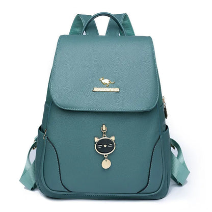 Casual black PU leather women's backpack with a three-dimensional front pocket and street style design.