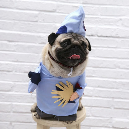 Polyester cat costume in character design with size label showing bust and neck measurements