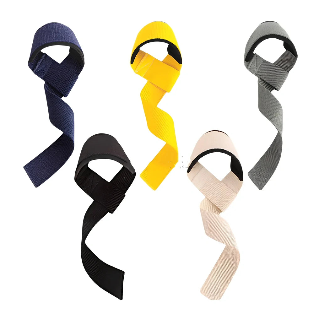 Pair of grey weightlifting straps with 5cm width wrapped around barbell