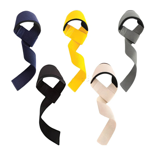 Pair of grey weightlifting straps with 5cm width wrapped around barbell