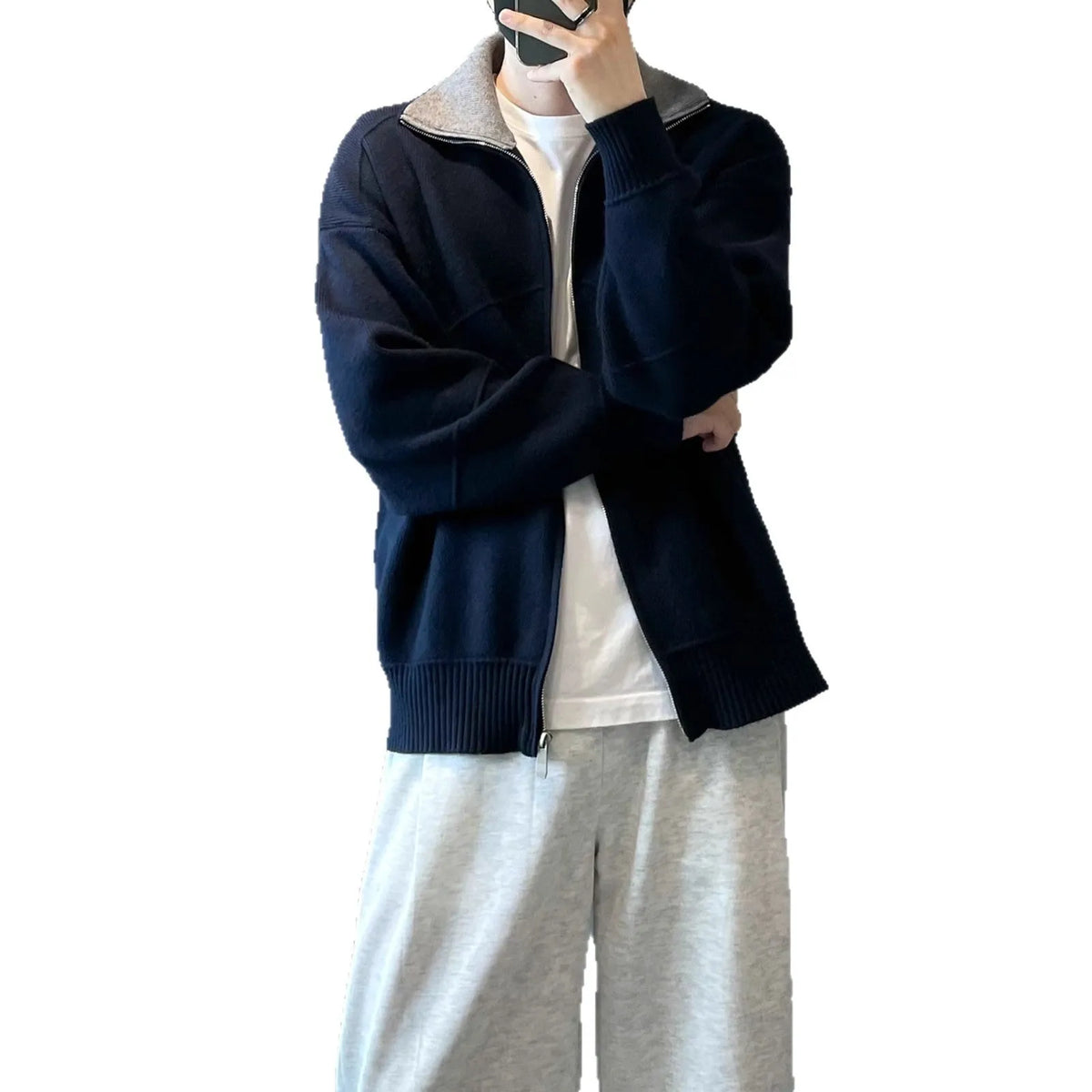 Men's retro contrast colour knitted cardigan sweater in apricot or navy blue, loose fit long sleeve autumn leisure style