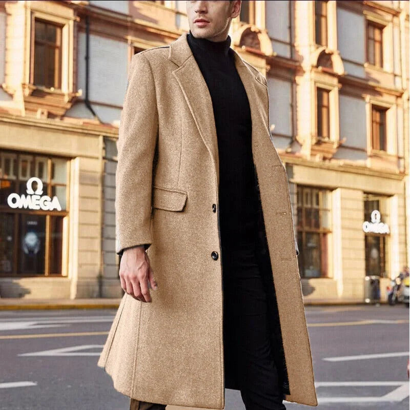 Men's woolen long trench coat in black, gray, khaki, dark brown, and navy blue